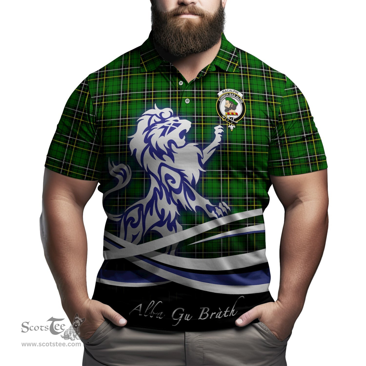 ScotsTee Shop Scottish MacAlpin Modern Clan Crest Tartan Polo Shirt Alba Gu Brath Regal Lion Emblem