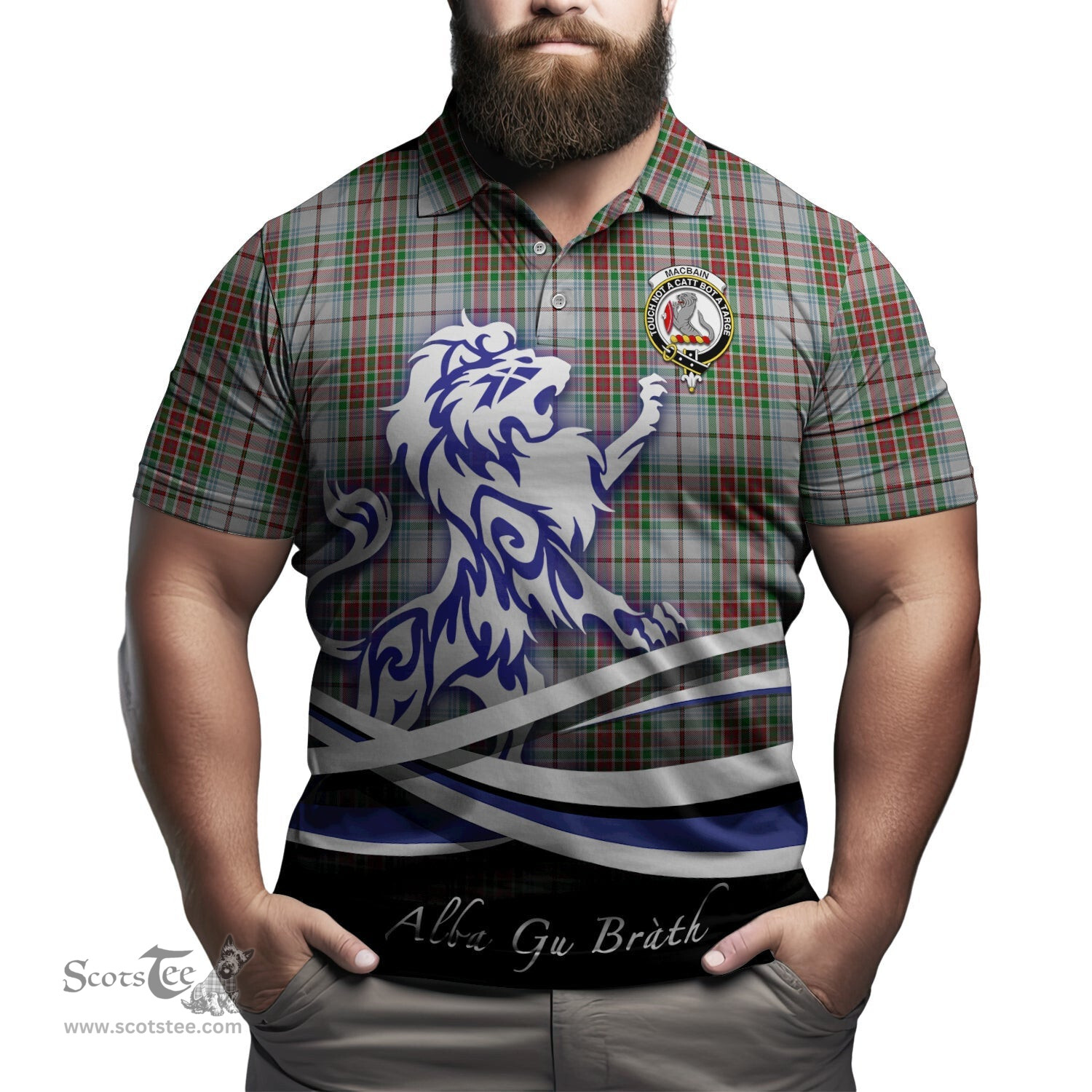 ScotsTee Shop Scottish MacBain Dress Clan Crest Tartan Polo Shirt Alba Gu Brath Regal Lion Emblem