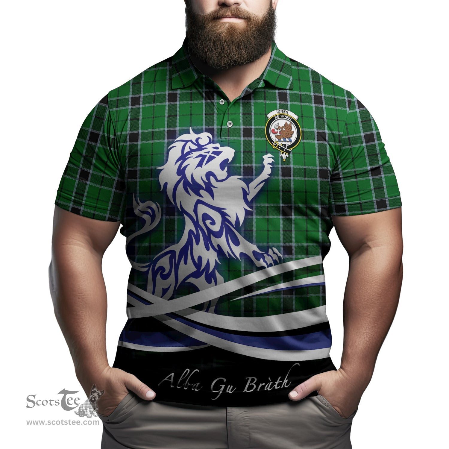 ScotsTee Shop Scottish Innes Hunting Clan Crest Tartan Polo Shirt Alba Gu Brath Regal Lion Emblem