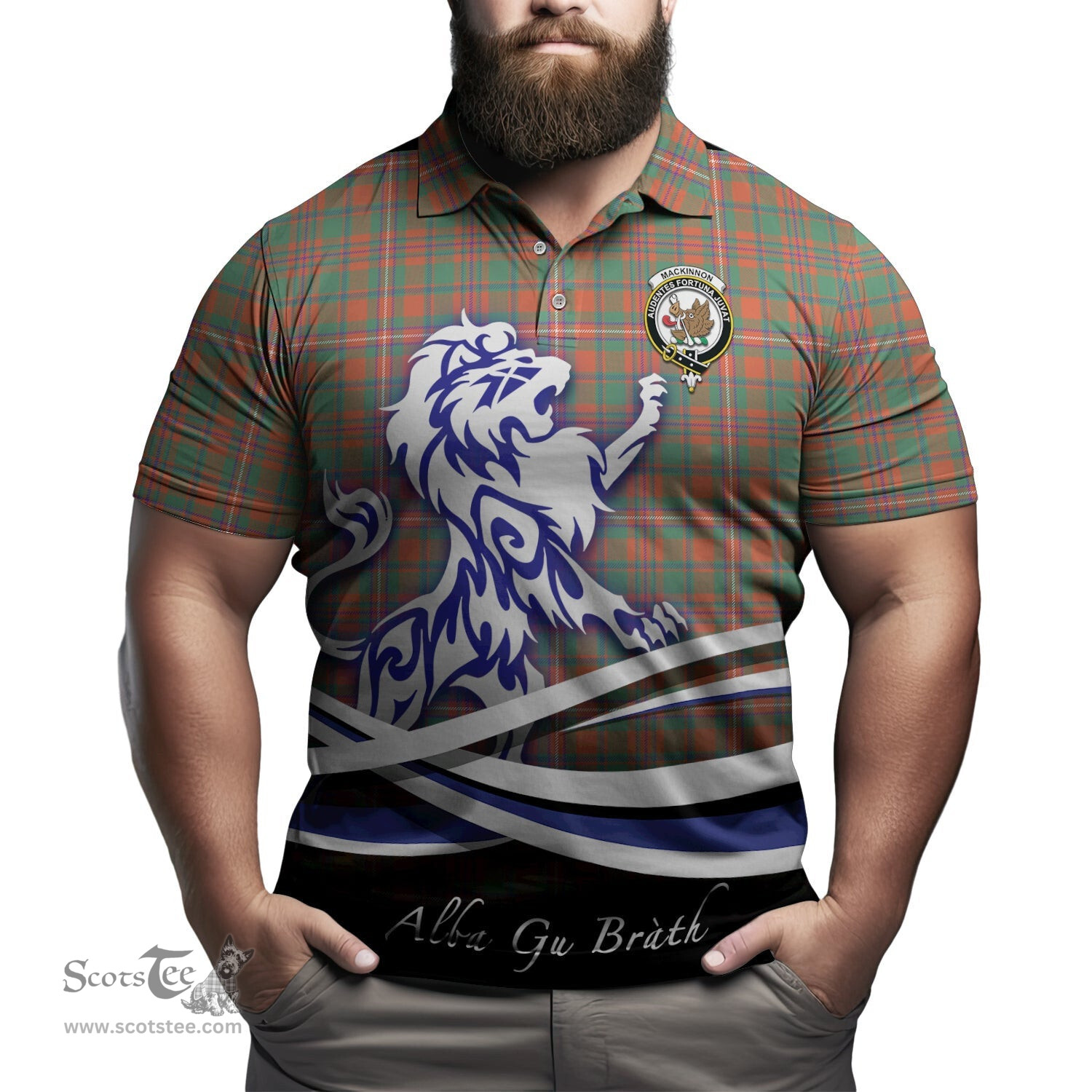 ScotsTee Shop Scottish MacKinnon Ancient Clan Crest Tartan Polo Shirt Alba Gu Brath Regal Lion Emblem