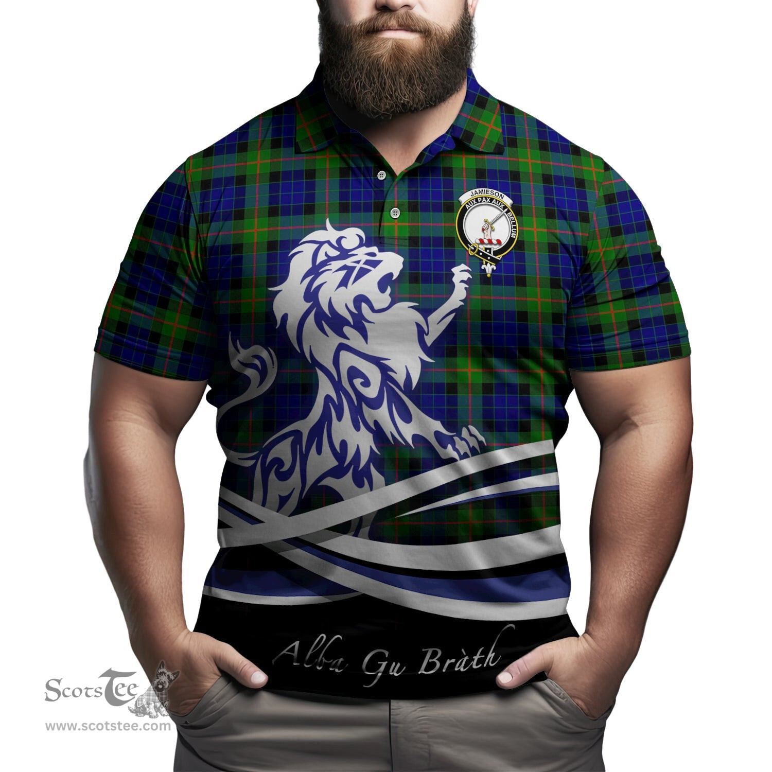 ScotsTee Shop Scottish Jamieson Clan Crest Tartan Polo Shirt Alba Gu Brath Regal Lion Emblem