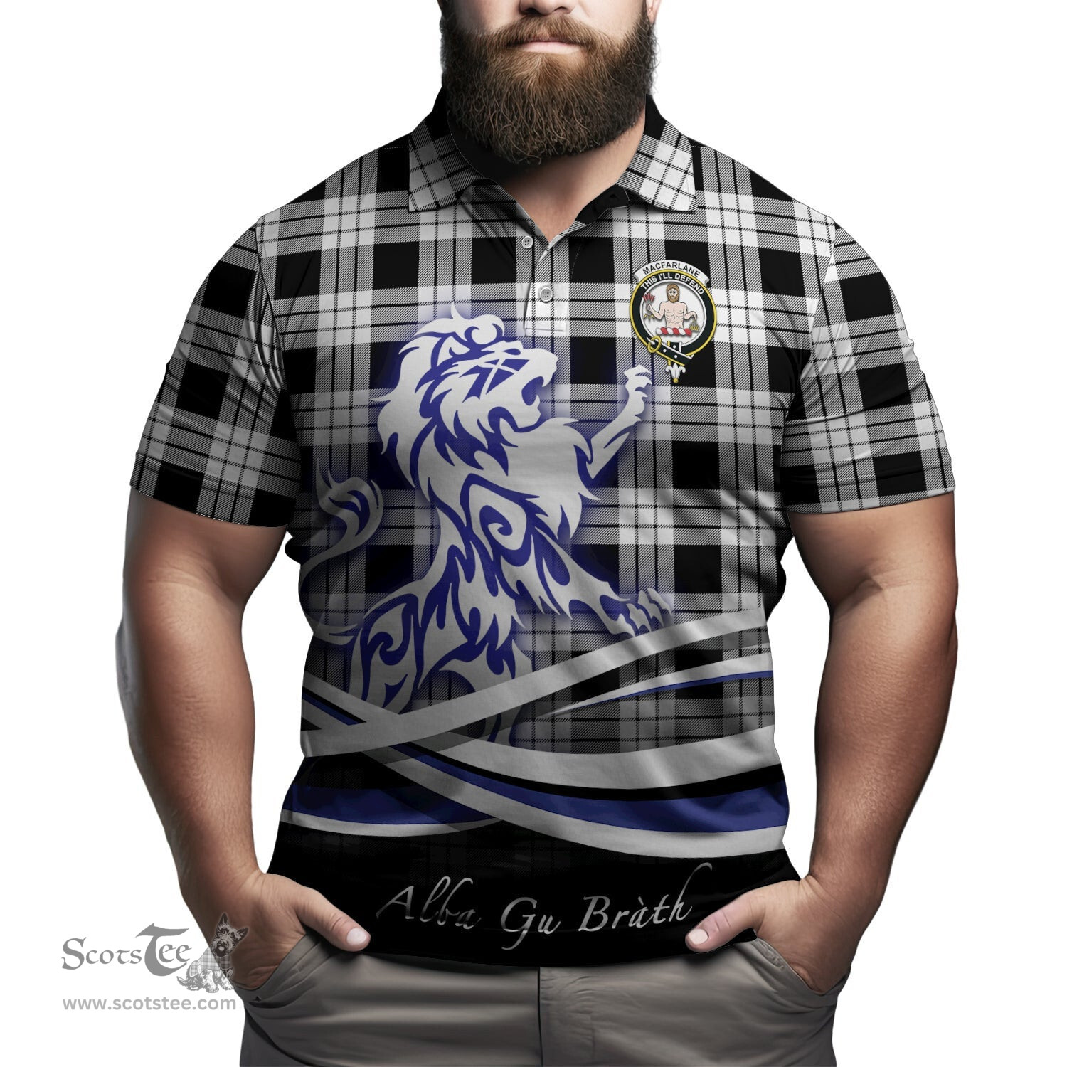 ScotsTee Shop Scottish MacFarlane Black White Clan Crest Tartan Polo Shirt Alba Gu Brath Regal Lion Emblem