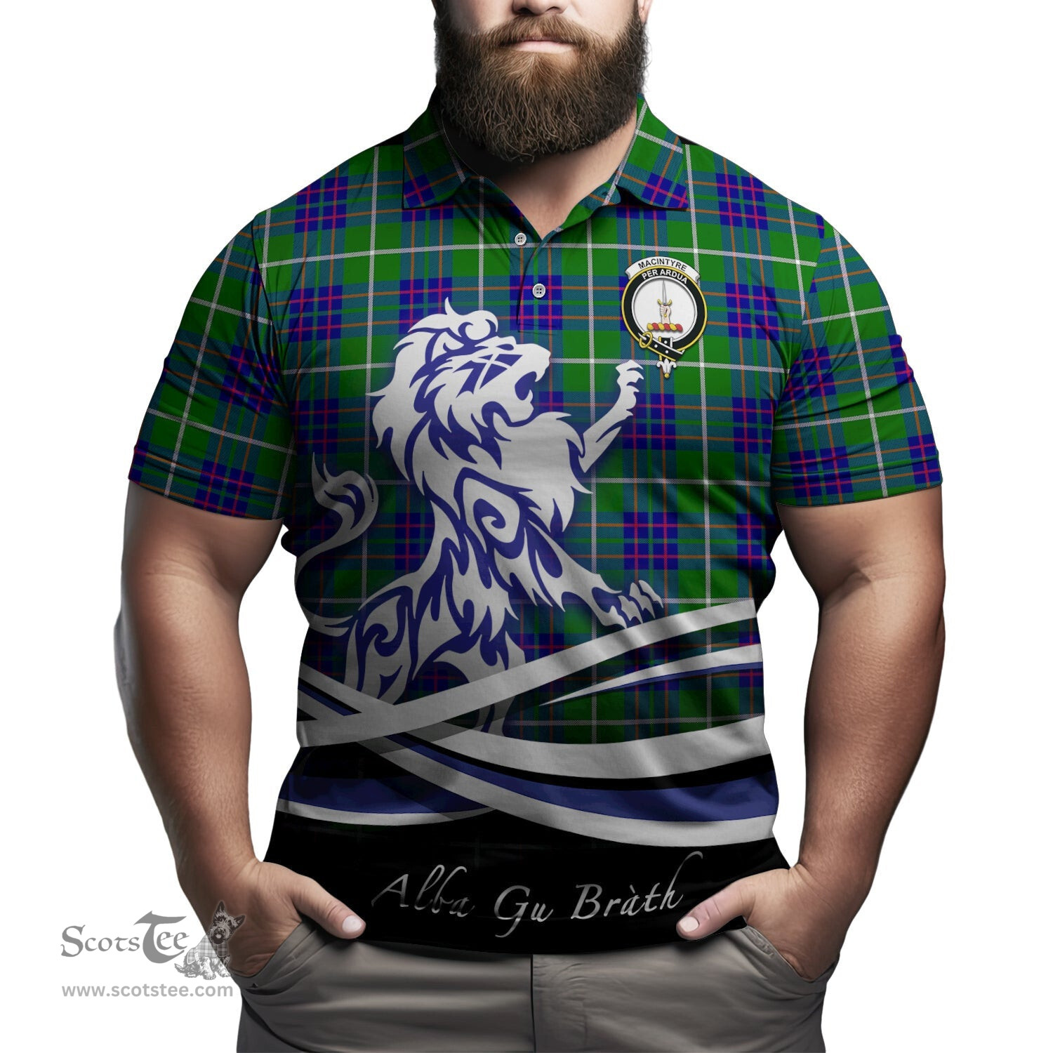 ScotsTee Shop Scottish MacIntyre Hunting Modern Clan Crest Tartan Polo Shirt Alba Gu Brath Regal Lion Emblem