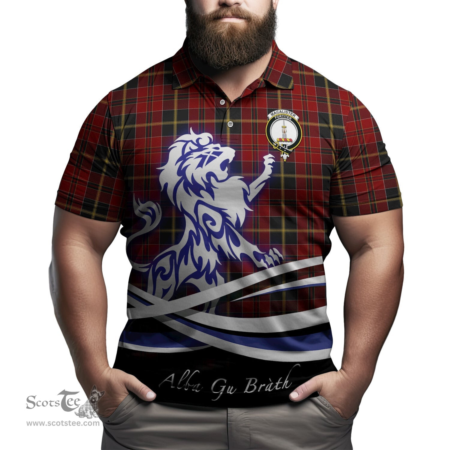 ScotsTee Shop Scottish MacAlister of Skye Clan Crest Tartan Polo Shirt Alba Gu Brath Regal Lion Emblem