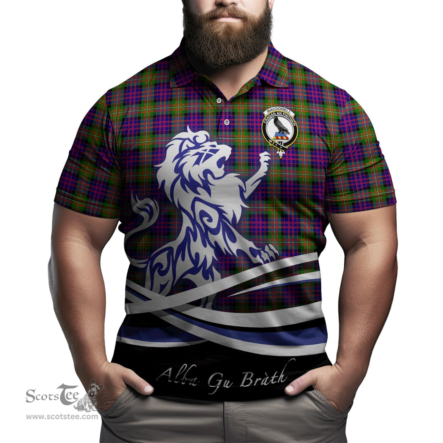 ScotsTee Shop Scottish MacDonell of Glengarry Modern Clan Crest Tartan Polo Shirt Alba Gu Brath Regal Lion Emblem