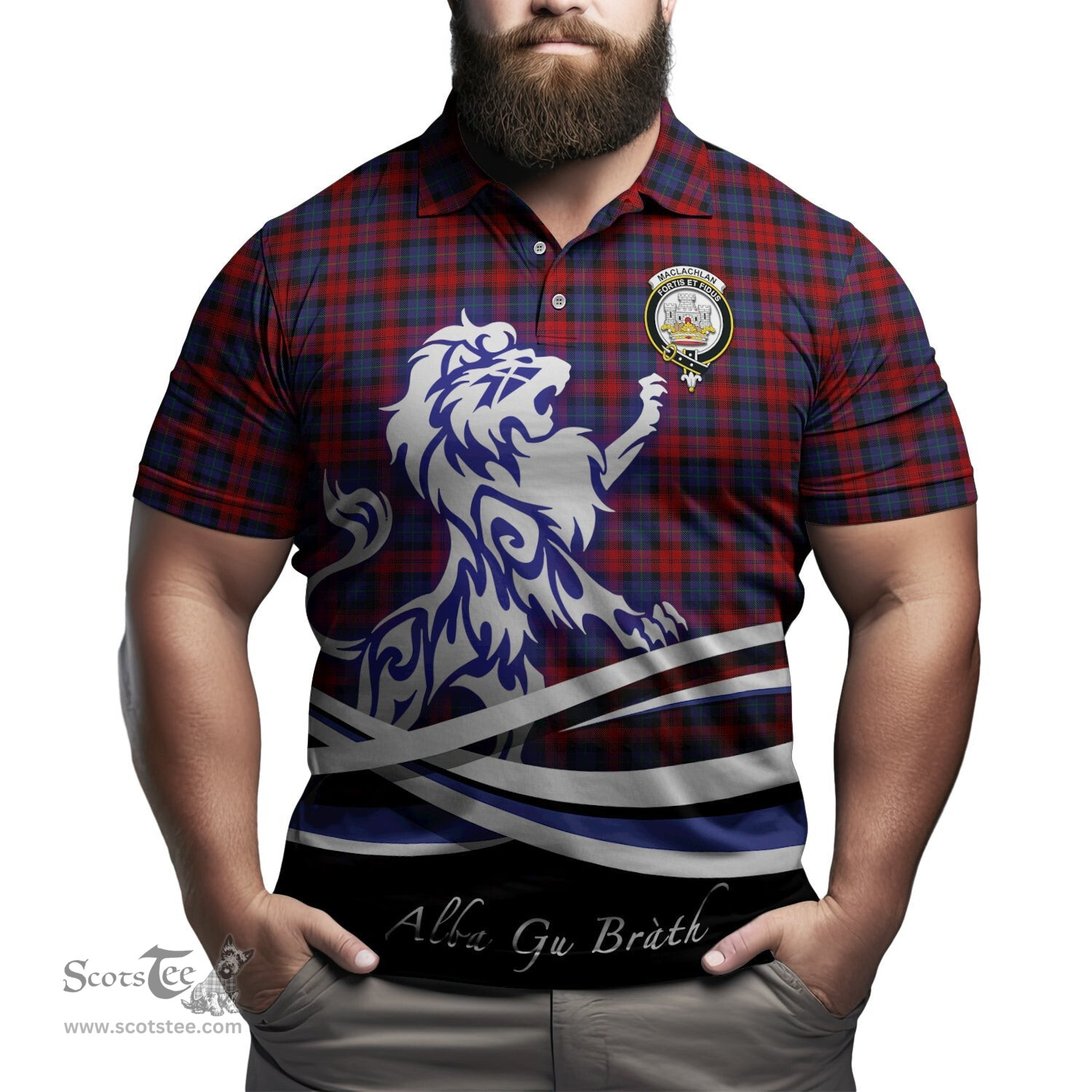 ScotsTee Shop Scottish MacLachlan Clan Crest Tartan Polo Shirt Alba Gu Brath Regal Lion Emblem