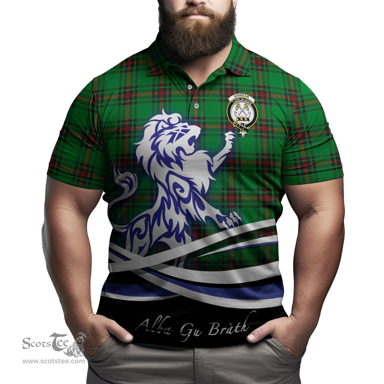 ScotsTee Shop Scottish Kinnear Clan Crest Tartan Polo Shirt Alba Gu Brath Regal Lion Emblem
