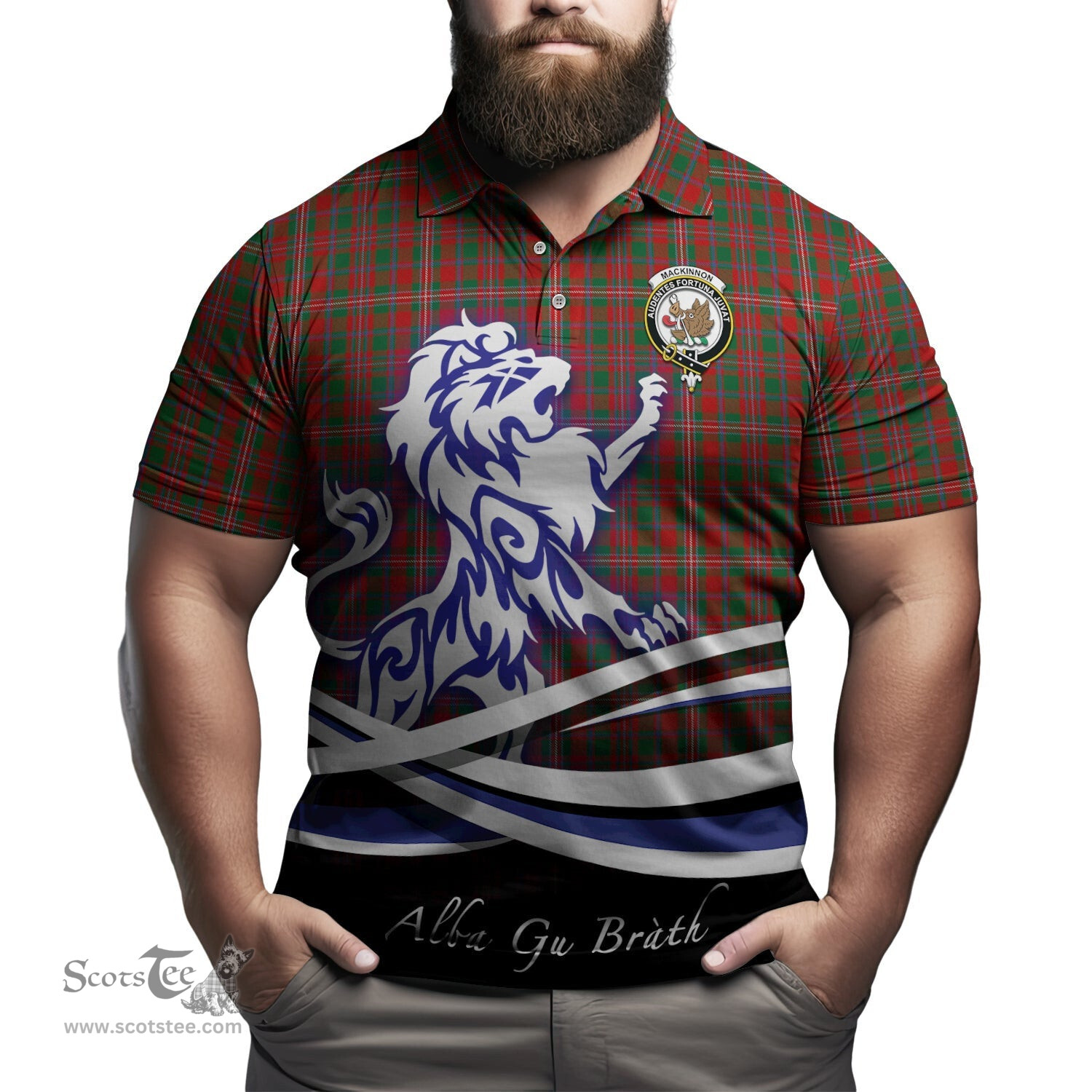 ScotsTee Shop Scottish MacKinnon Clan Crest Tartan Polo Shirt Alba Gu Brath Regal Lion Emblem