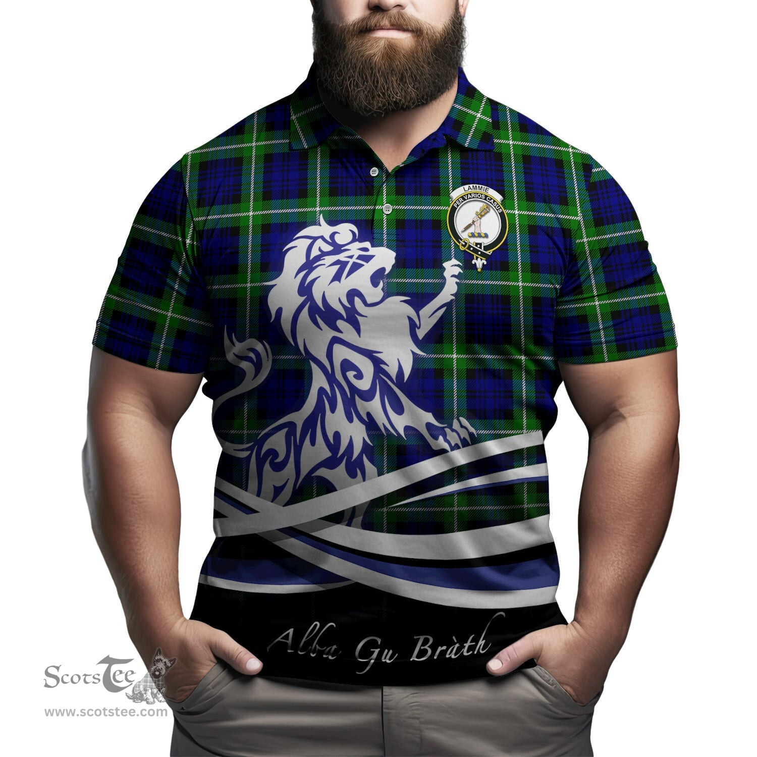 ScotsTee Shop Scottish Lammie Clan Crest Tartan Polo Shirt Alba Gu Brath Regal Lion Emblem