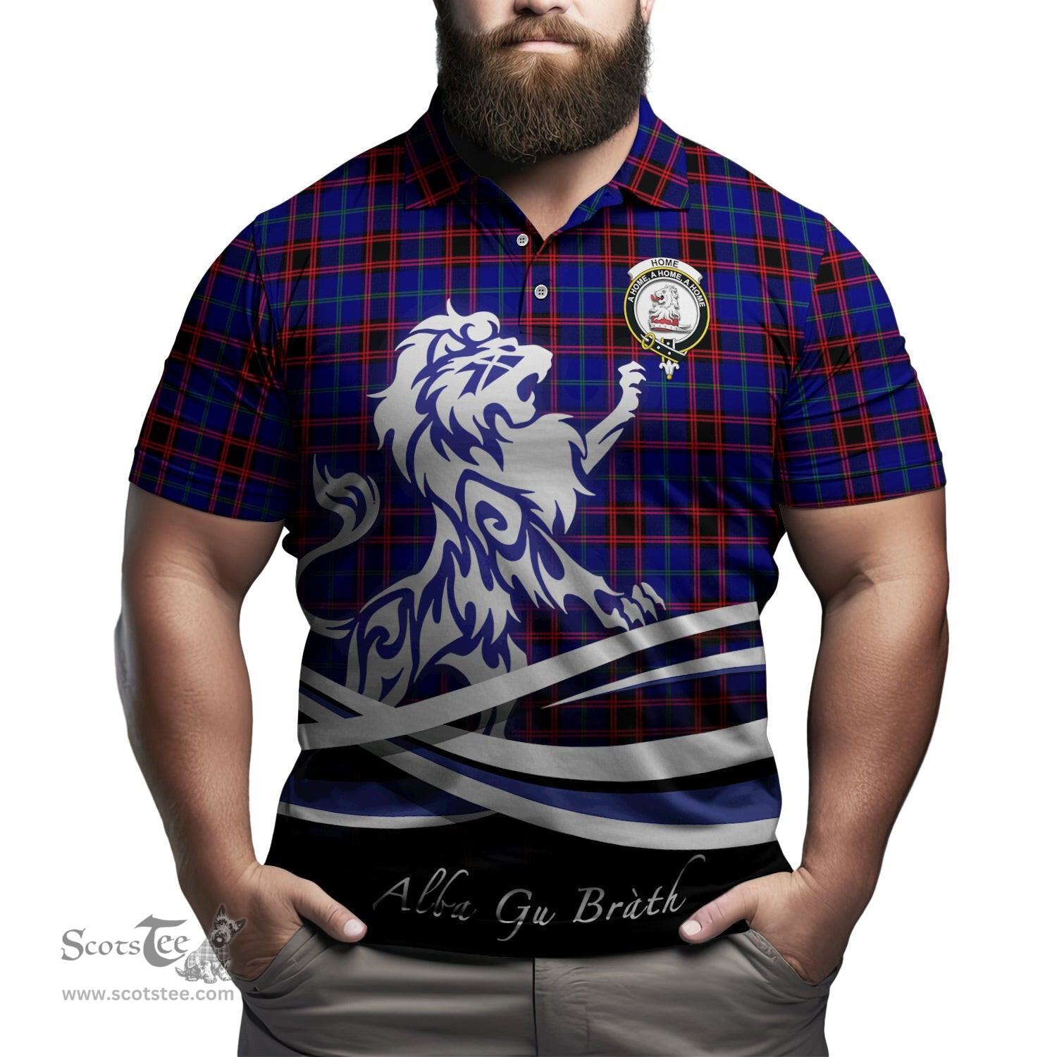 ScotsTee Shop Scottish Home Modern Clan Crest Tartan Polo Shirt Alba Gu Brath Regal Lion Emblem