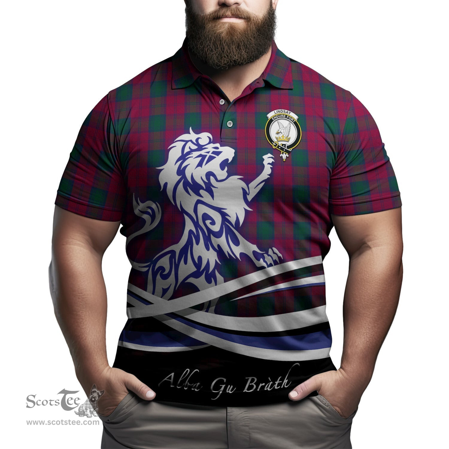 ScotsTee Shop Scottish Lindsay Clan Crest Tartan Polo Shirt Alba Gu Brath Regal Lion Emblem