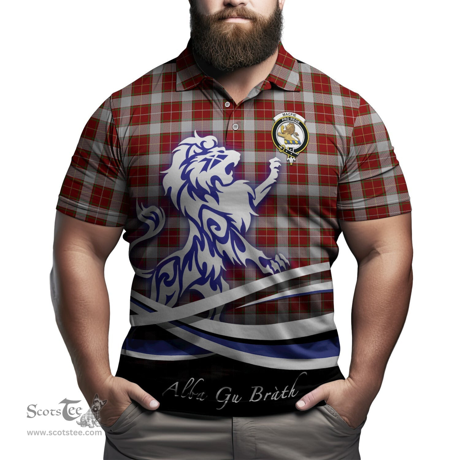 ScotsTee Shop Scottish MacFie Dress Clan Crest Tartan Polo Shirt Alba Gu Brath Regal Lion Emblem