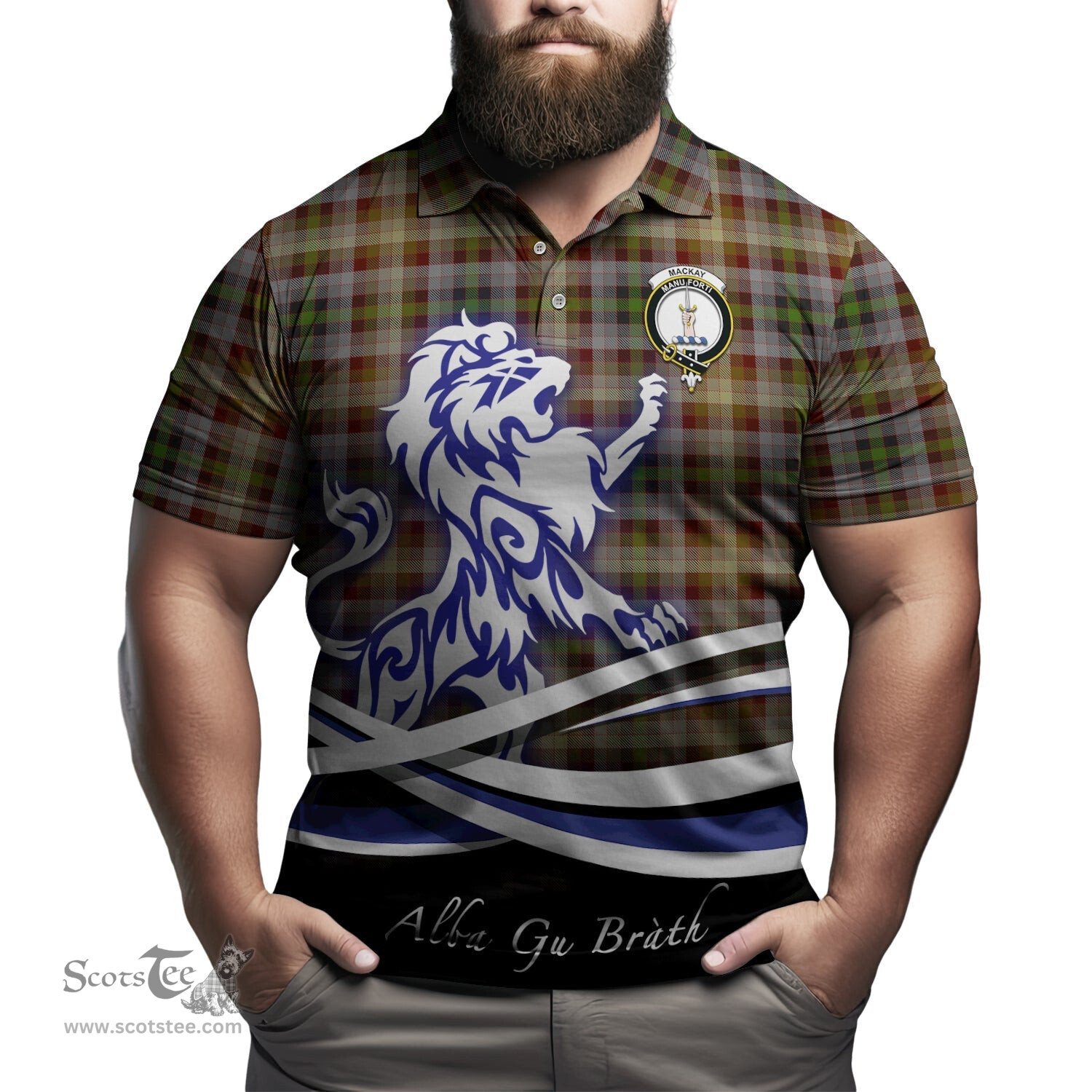 ScotsTee Shop Scottish MacKay of Strathnaver Clan Crest Tartan Polo Shirt Alba Gu Brath Regal Lion Emblem