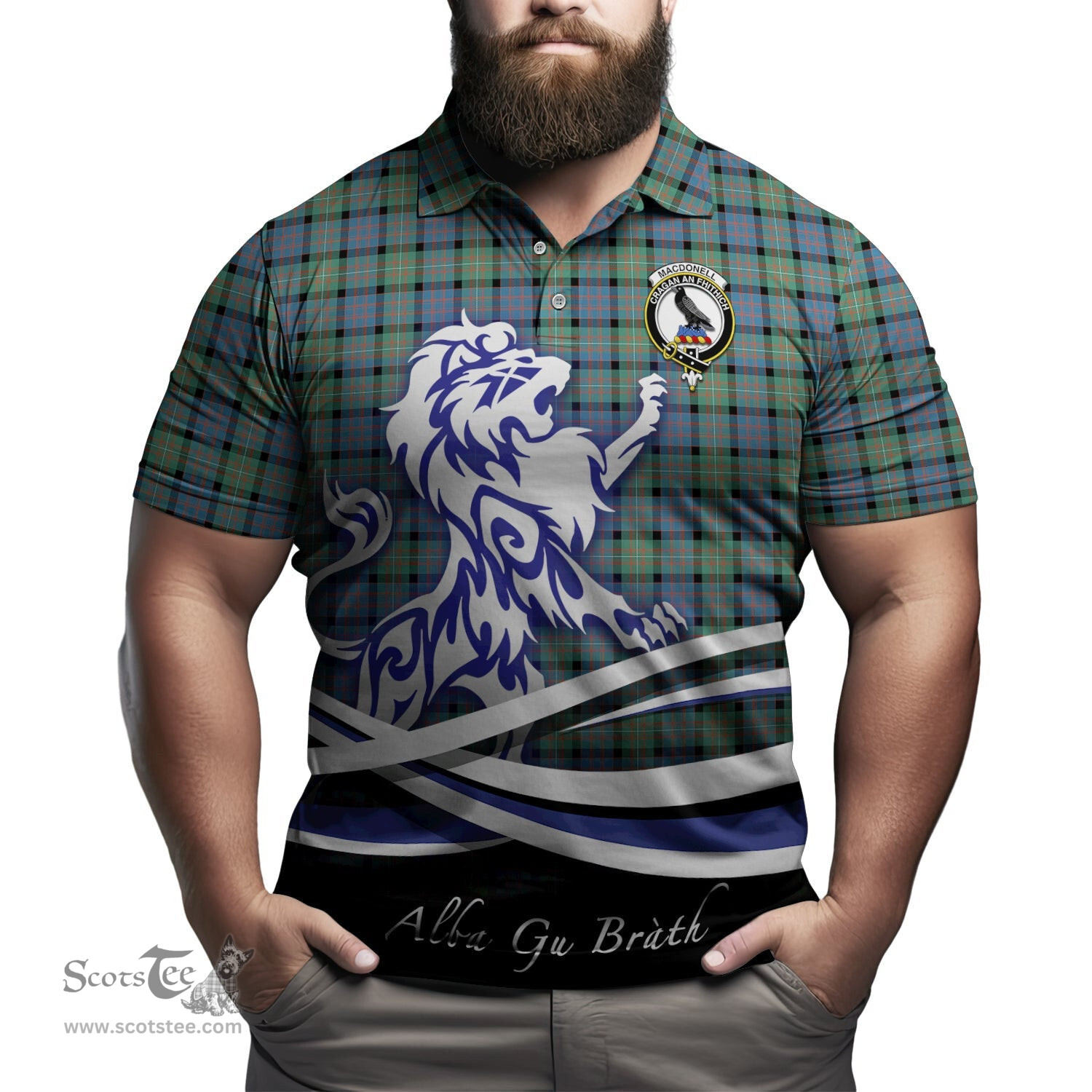 ScotsTee Shop Scottish MacDonell of Glengarry Ancient Clan Crest Tartan Polo Shirt Alba Gu Brath Regal Lion Emblem