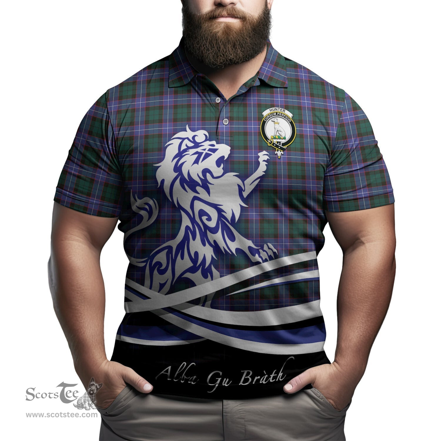 ScotsTee Shop Scottish Hunter Modern Clan Crest Tartan Polo Shirt Alba Gu Brath Regal Lion Emblem