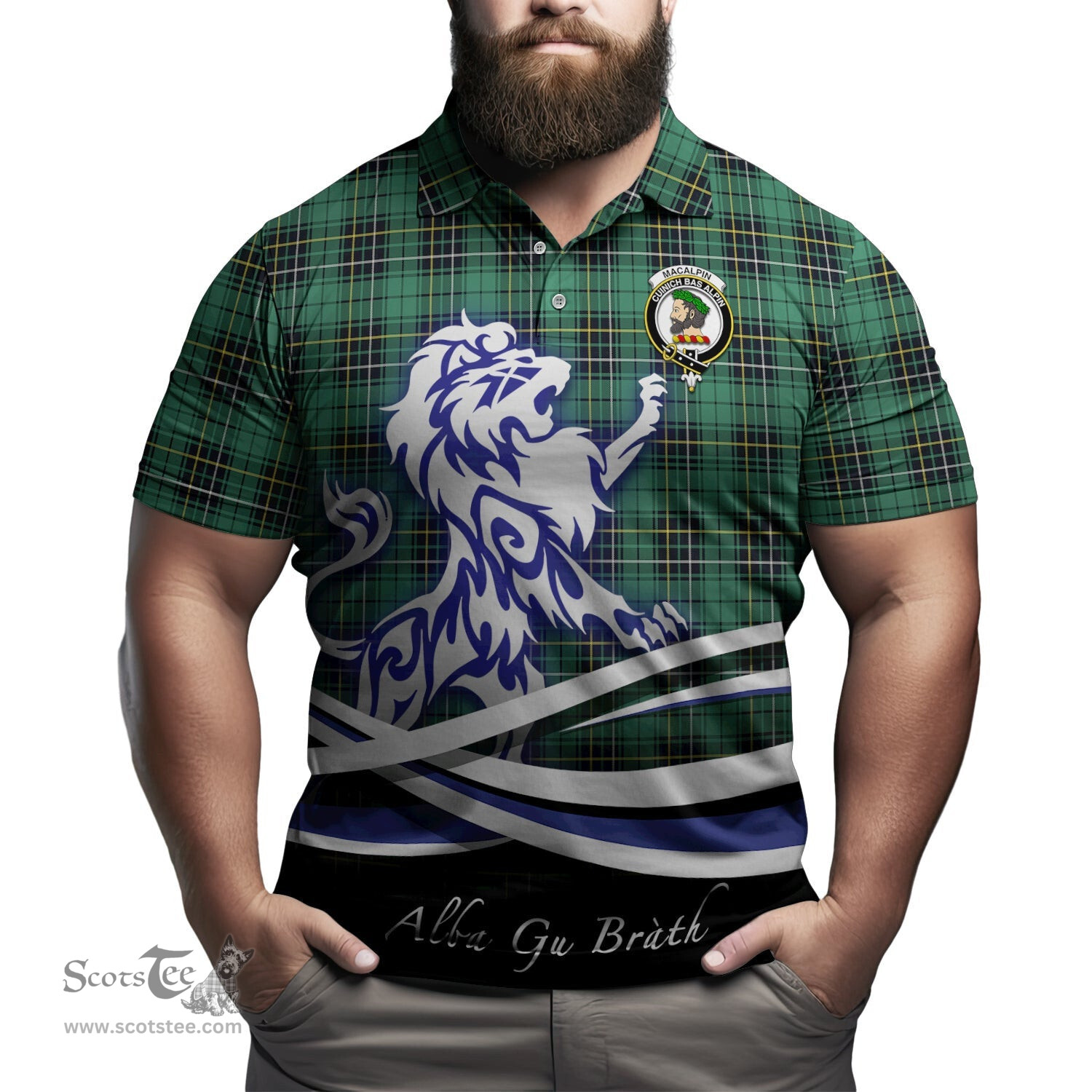 ScotsTee Shop Scottish MacAlpin Ancient Clan Crest Tartan Polo Shirt Alba Gu Brath Regal Lion Emblem