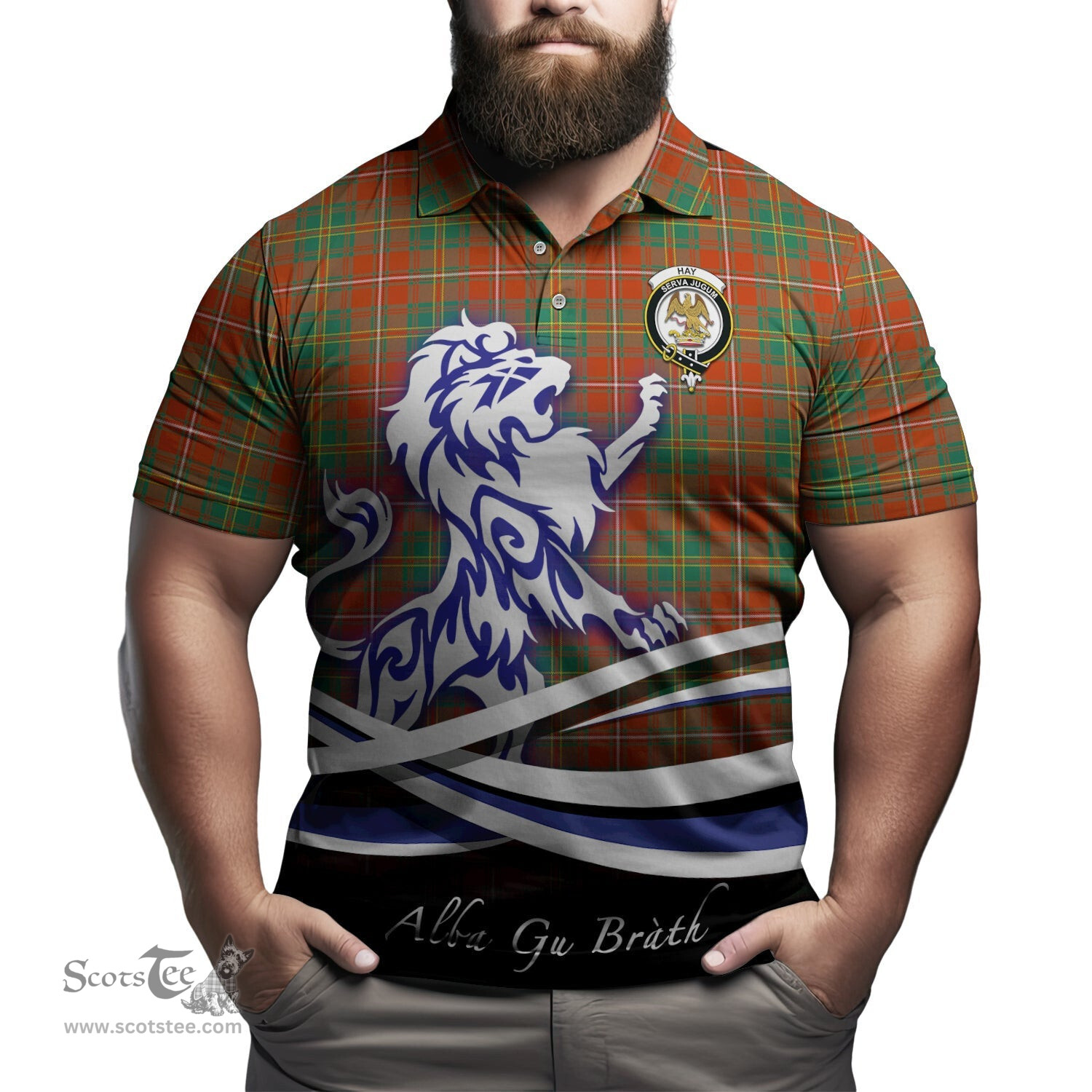 ScotsTee Shop Scottish Hay Ancient Clan Crest Tartan Polo Shirt Alba Gu Brath Regal Lion Emblem