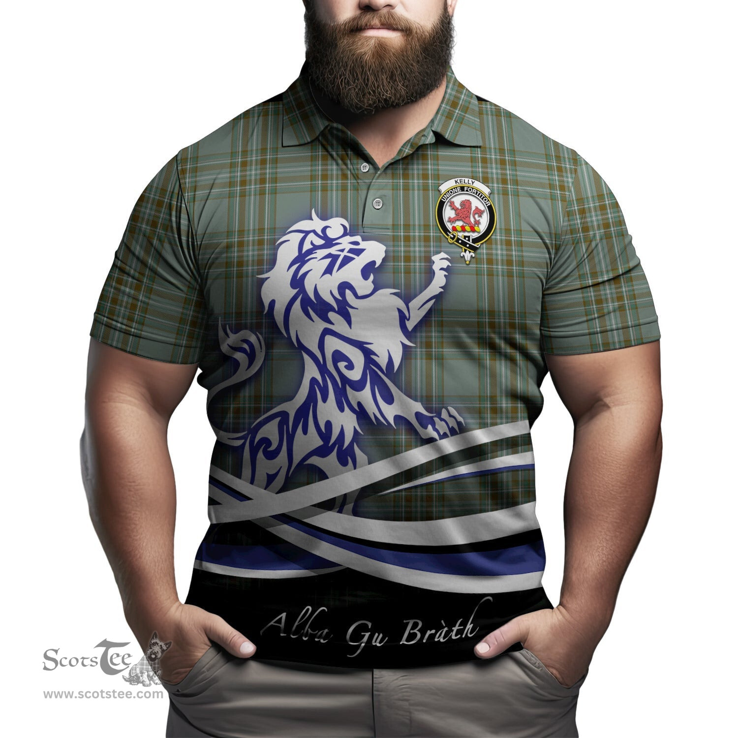 ScotsTee Shop Scottish Kelly Dress Clan Crest Tartan Polo Shirt Alba Gu Brath Regal Lion Emblem
