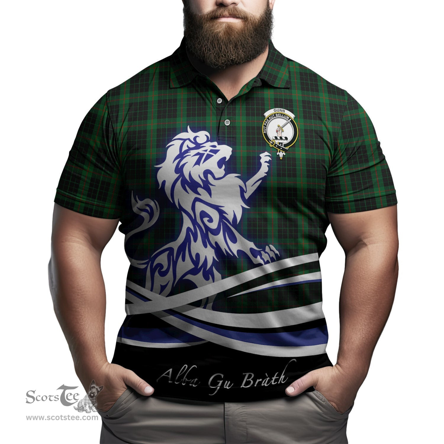 ScotsTee Shop Scottish Gunn Logan Clan Crest Tartan Polo Shirt Alba Gu Brath Regal Lion Emblem