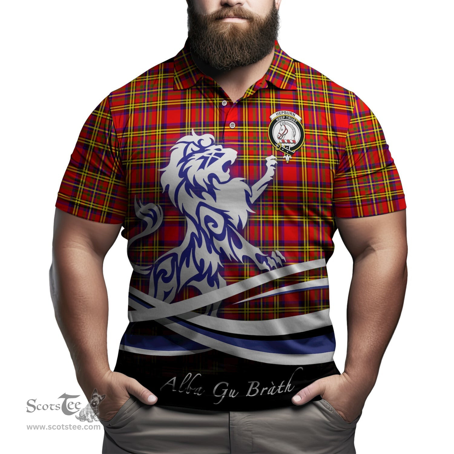 ScotsTee Shop Scottish Hepburn Modern Clan Crest Tartan Polo Shirt Alba Gu Brath Regal Lion Emblem