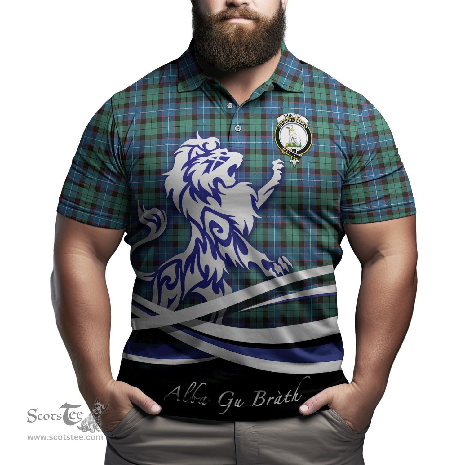 ScotsTee Shop Scottish Hunter Ancient Clan Crest Tartan Polo Shirt Alba Gu Brath Regal Lion Emblem