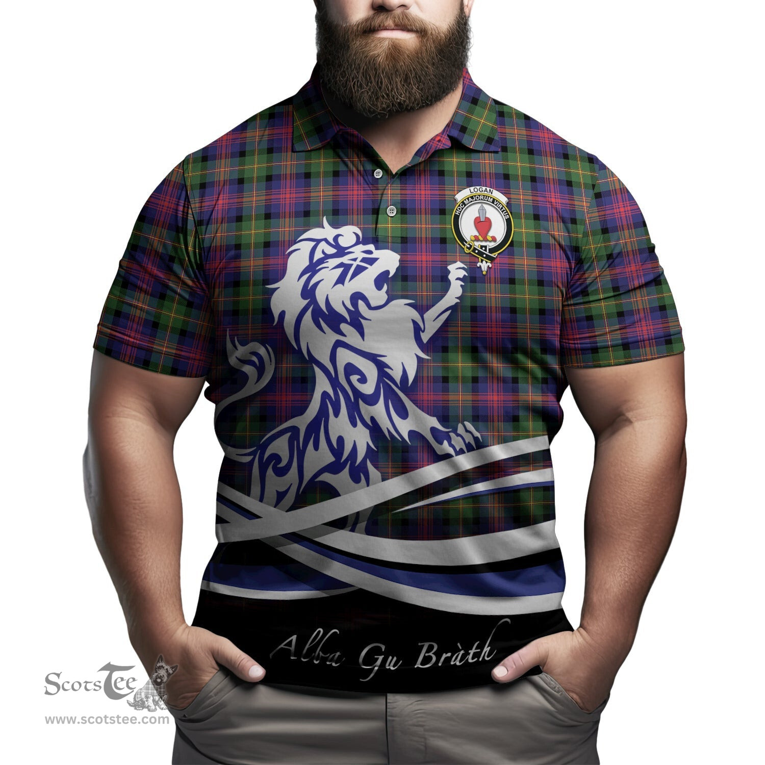 ScotsTee Shop Scottish Logan Modern Clan Crest Tartan Polo Shirt Alba Gu Brath Regal Lion Emblem