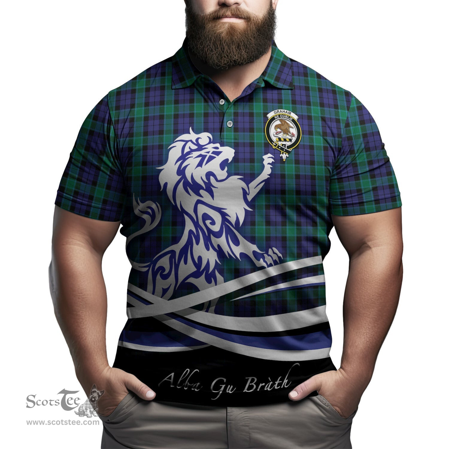 ScotsTee Shop Scottish Graham of Menteith Clan Crest Tartan Polo Shirt Alba Gu Brath Regal Lion Emblem