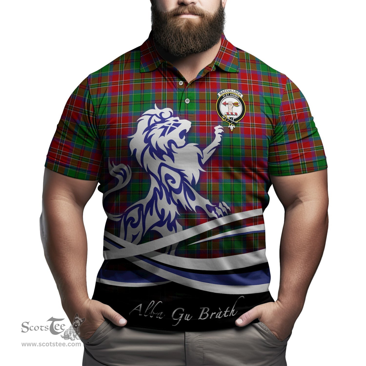 ScotsTee Shop Scottish MacCulloch Clan Crest Tartan Polo Shirt Alba Gu Brath Regal Lion Emblem