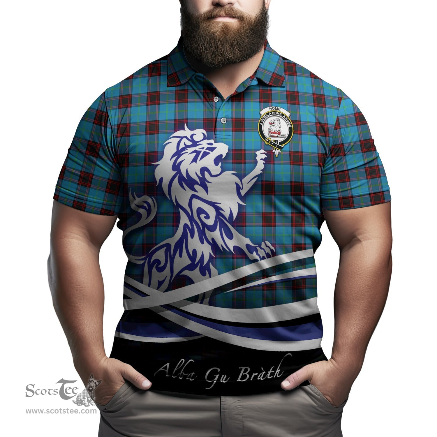 ScotsTee Shop Scottish Home Ancient Clan Crest Tartan Polo Shirt Alba Gu Brath Regal Lion Emblem