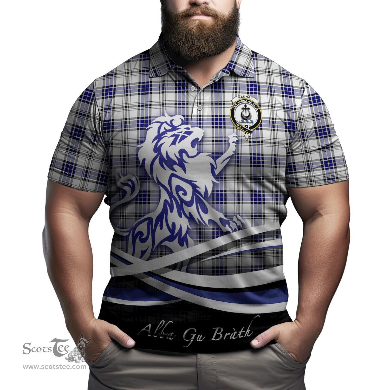 ScotsTee Shop Scottish Hannay Modern Clan Crest Tartan Polo Shirt Alba Gu Brath Regal Lion Emblem