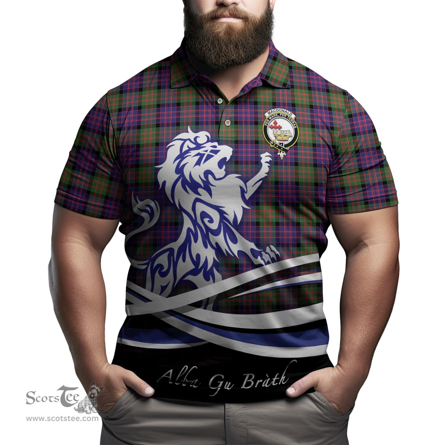 ScotsTee Shop Scottish MacDonald Modern Clan Crest Tartan Polo Shirt Alba Gu Brath Regal Lion Emblem