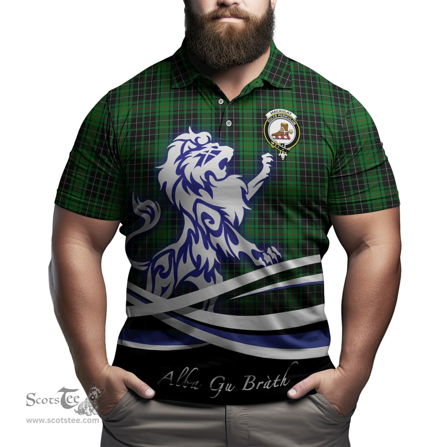 ScotsTee Shop Scottish MacAulay Hunting Clan Crest Tartan Polo Shirt Alba Gu Brath Regal Lion Emblem