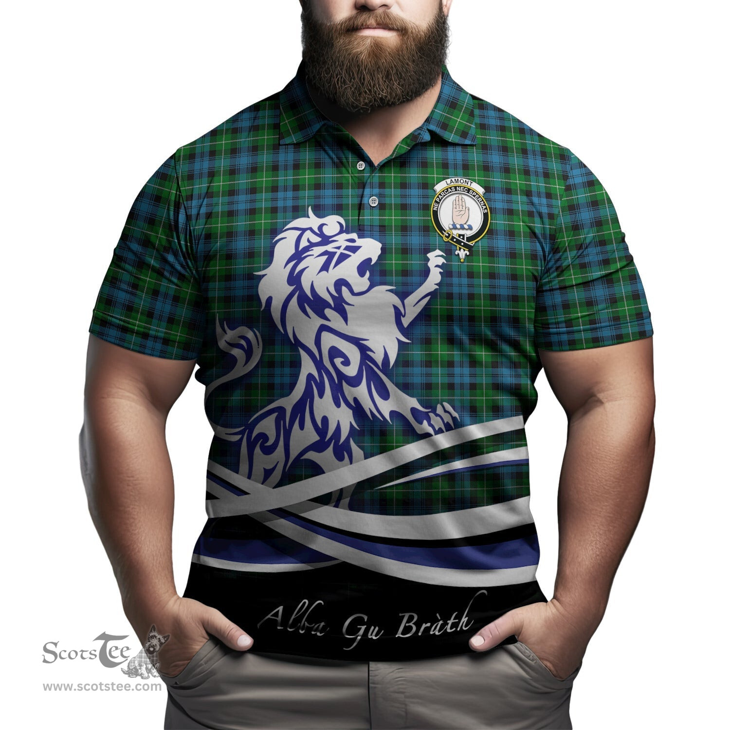 ScotsTee Shop Scottish Lamont Clan Crest Tartan Polo Shirt Alba Gu Brath Regal Lion Emblem