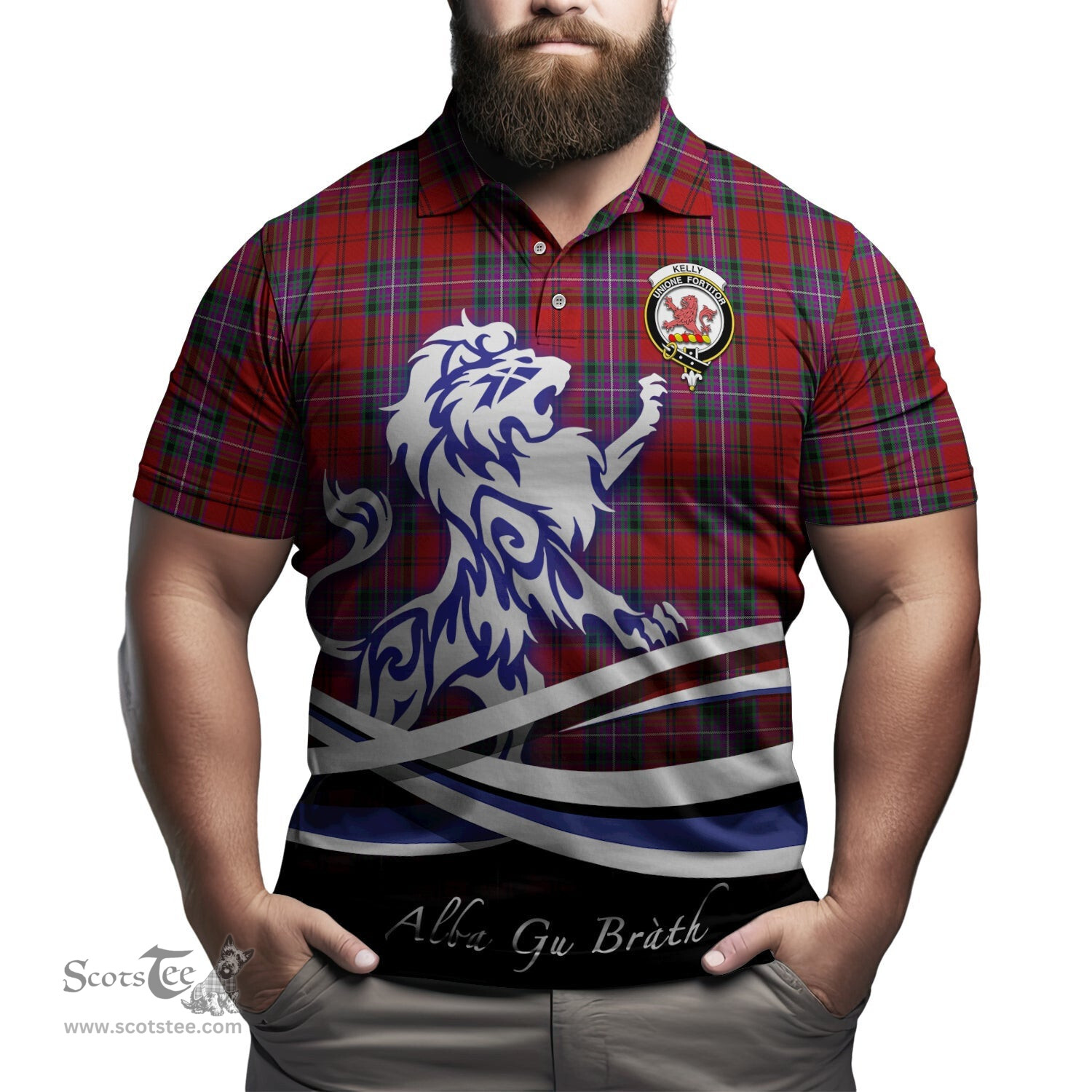 ScotsTee Shop Scottish Kelly of Sleat Red Clan Crest Tartan Polo Shirt Alba Gu Brath Regal Lion Emblem