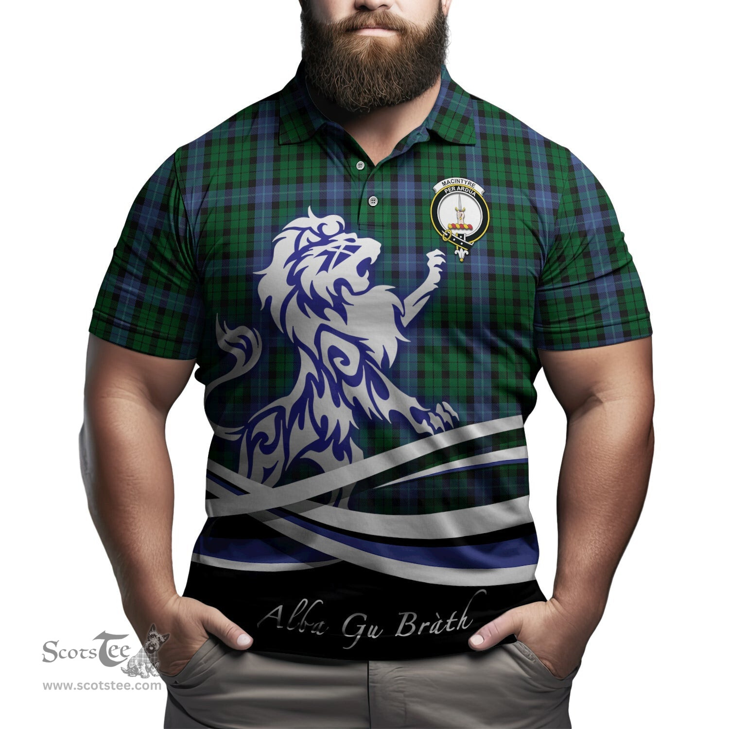 ScotsTee Shop Scottish MacIntyre Clan Crest Tartan Polo Shirt Alba Gu Brath Regal Lion Emblem