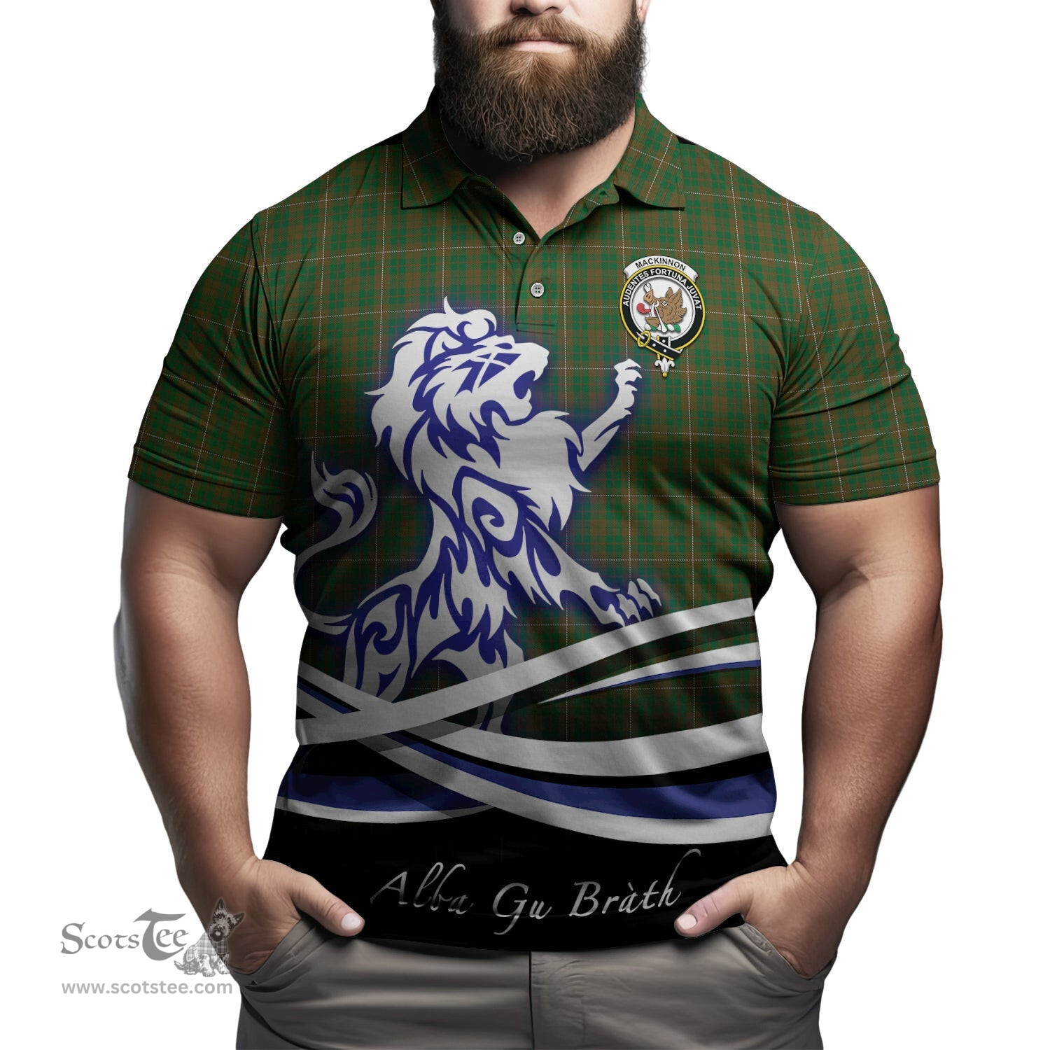 ScotsTee Shop Scottish MacKinnon Hunting Clan Crest Tartan Polo Shirt Alba Gu Brath Regal Lion Emblem