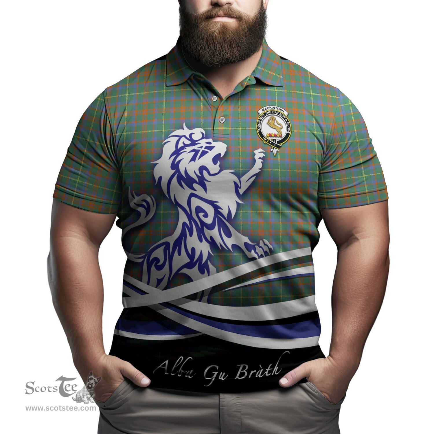 ScotsTee Shop Scottish MacKintosh Hunting Ancient Clan Crest Tartan Polo Shirt Alba Gu Brath Regal Lion Emblem