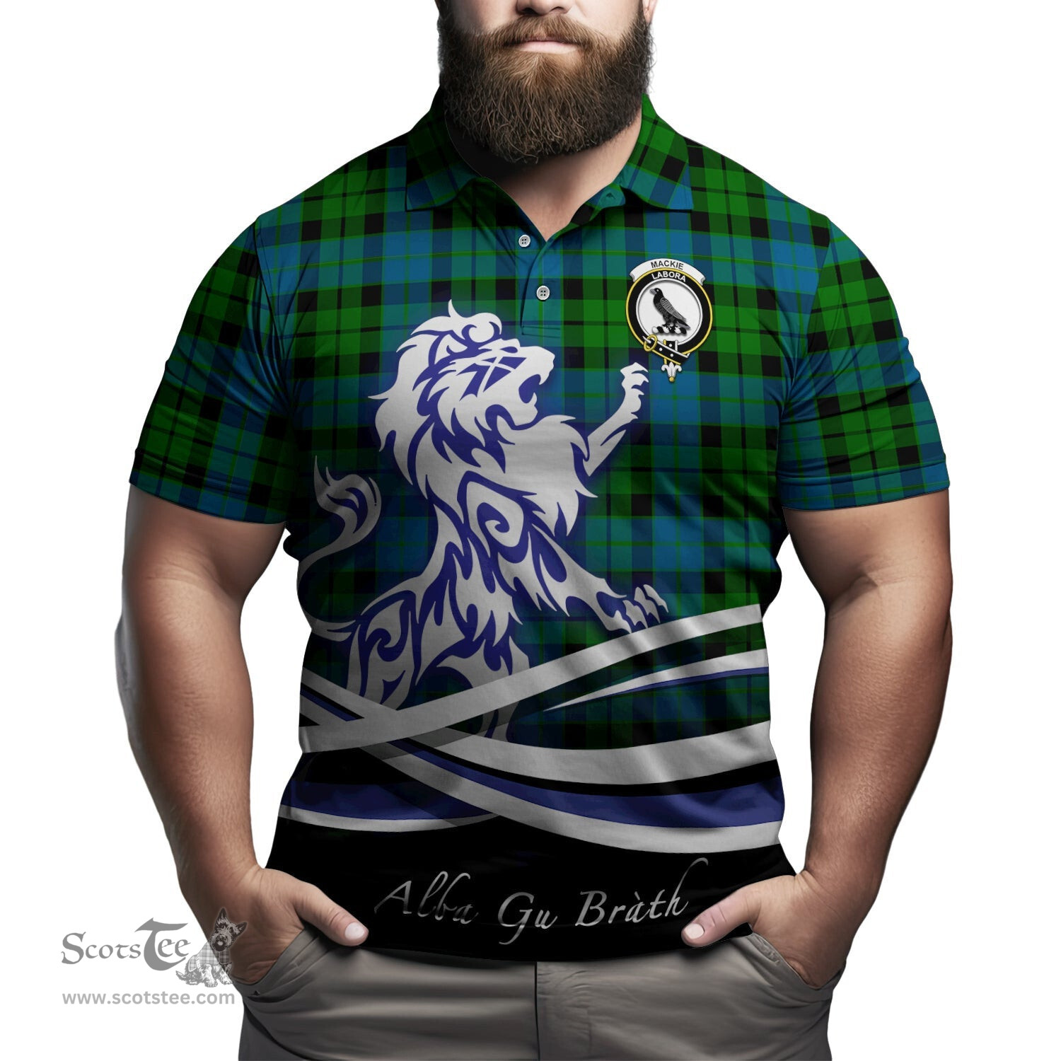 ScotsTee Shop Scottish MacKie Clan Crest Tartan Polo Shirt Alba Gu Brath Regal Lion Emblem