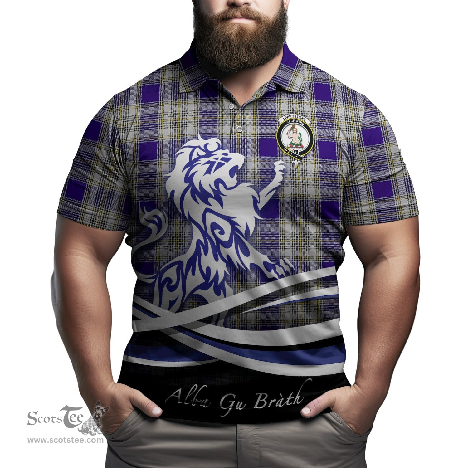 ScotsTee Shop Scottish Livingston Dress Clan Crest Tartan Polo Shirt Alba Gu Brath Regal Lion Emblem