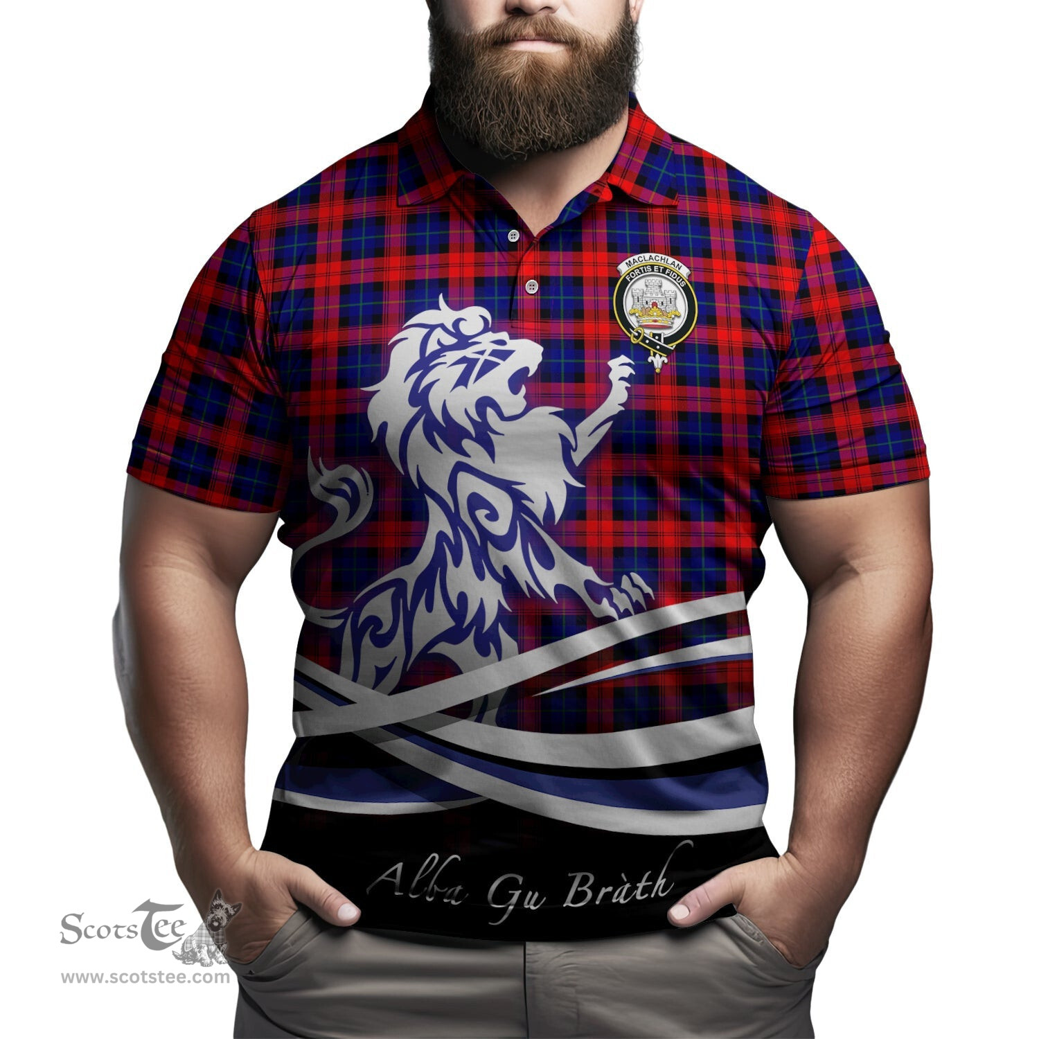 ScotsTee Shop Scottish MacLachlan Modern Clan Crest Tartan Polo Shirt Alba Gu Brath Regal Lion Emblem