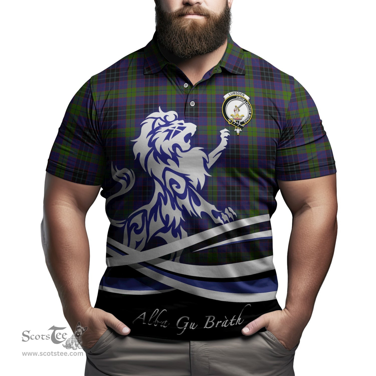 ScotsTee Shop Scottish Lumsden Hunting Clan Crest Tartan Polo Shirt Alba Gu Brath Regal Lion Emblem