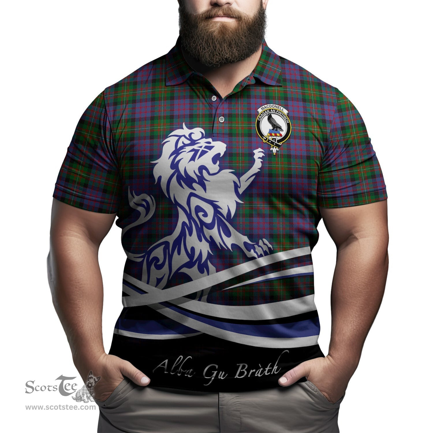 ScotsTee Shop Scottish MacDonell of Glengarry Clan Crest Tartan Polo Shirt Alba Gu Brath Regal Lion Emblem