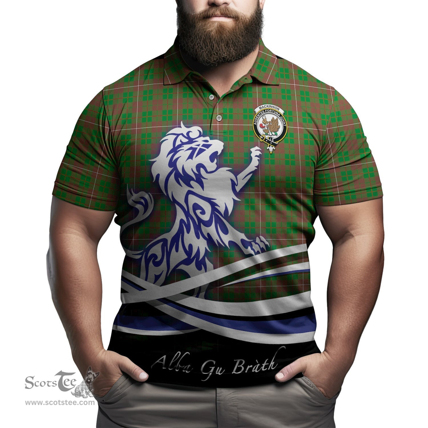 ScotsTee Shop Scottish MacKinnon Hunting Modern Clan Crest Tartan Polo Shirt Alba Gu Brath Regal Lion Emblem