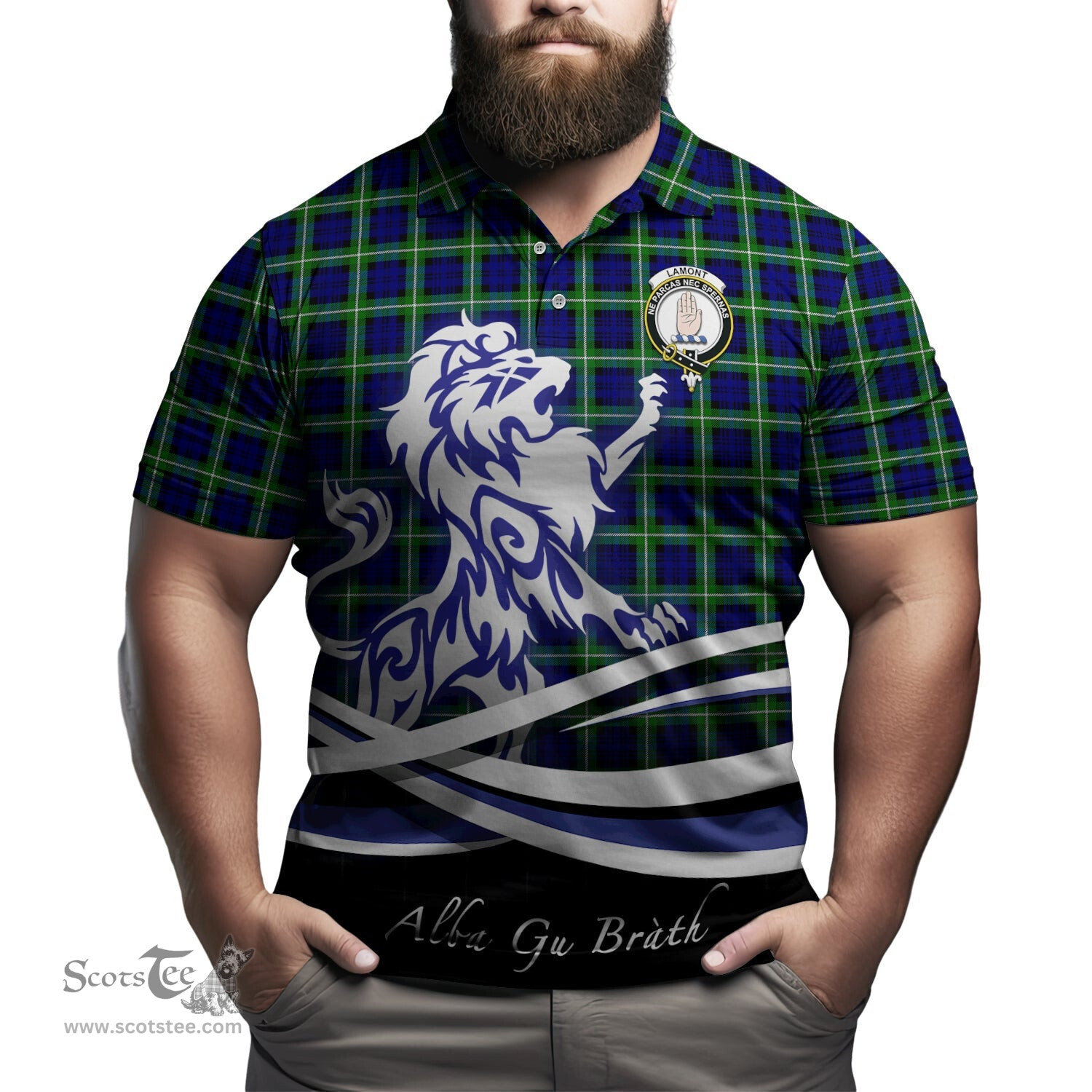 ScotsTee Shop Scottish Lamont Modern Clan Crest Tartan Polo Shirt Alba Gu Brath Regal Lion Emblem