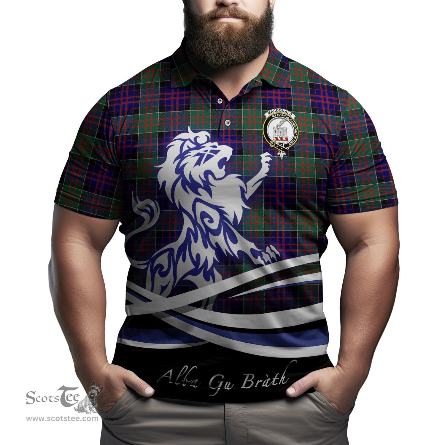 ScotsTee Shop Scottish MacDonald of Clan Ranald Clan Crest Tartan Polo Shirt Alba Gu Brath Regal Lion Emblem