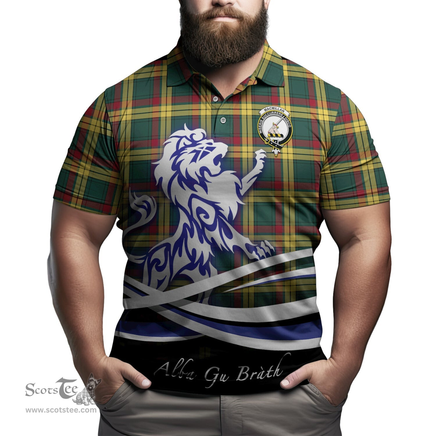 ScotsTee Shop Scottish MacMillan Old Modern Clan Crest Tartan Polo Shirt Alba Gu Brath Regal Lion Emblem