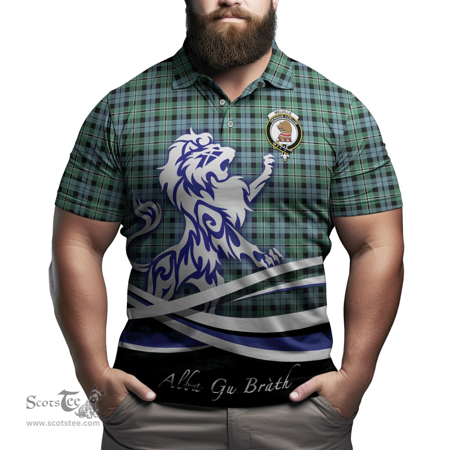 ScotsTee Shop Scottish Melville Ancient Clan Crest Tartan Polo Shirt Alba Gu Brath Regal Lion Emblem
