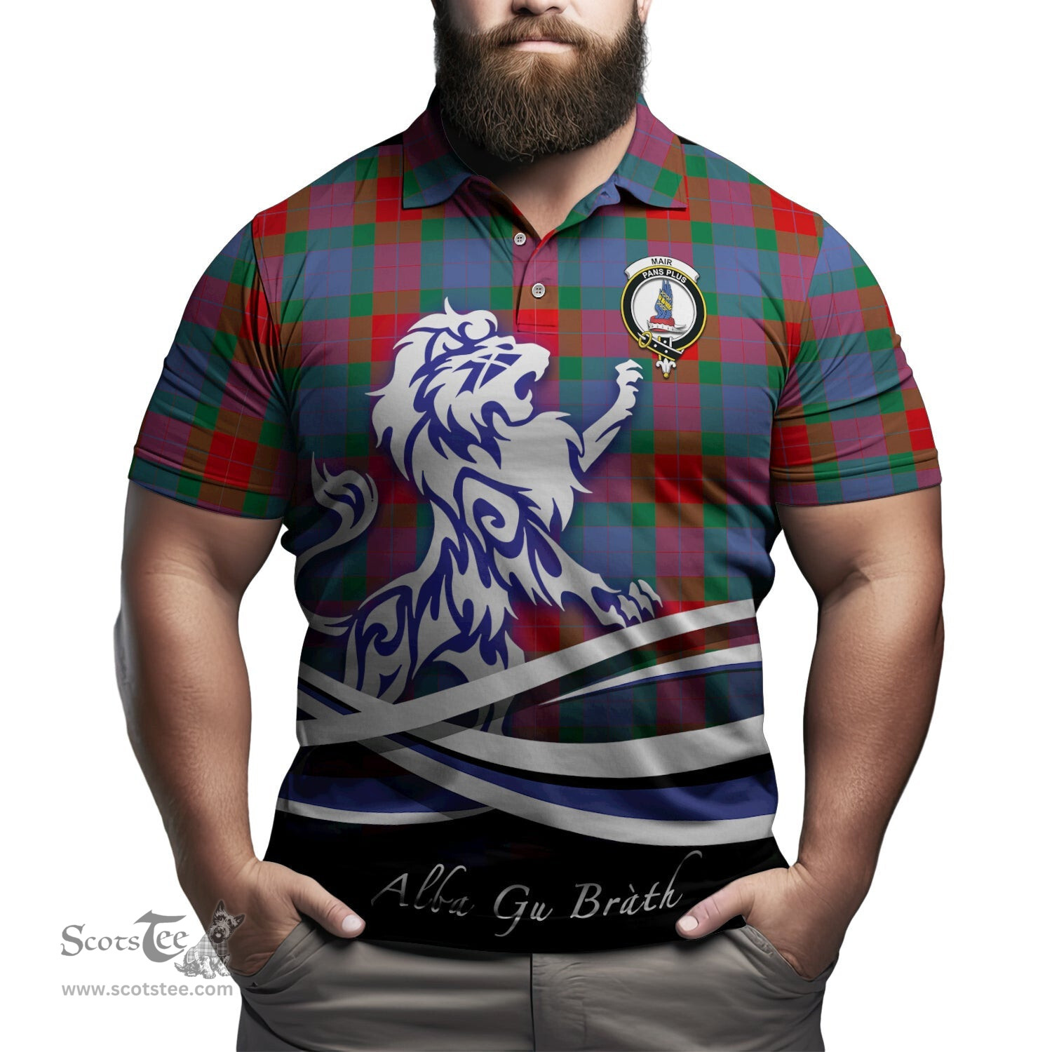 ScotsTee Shop Scottish Mar Clan Crest Tartan Polo Shirt Alba Gu Brath Regal Lion Emblem