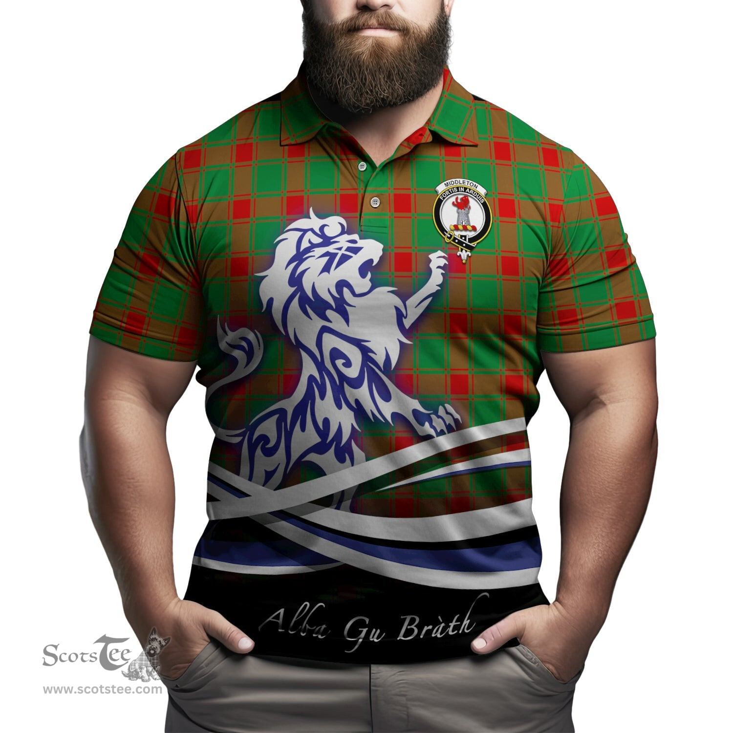 ScotsTee Shop Scottish Middleton Modern Clan Crest Tartan Polo Shirt Alba Gu Brath Regal Lion Emblem