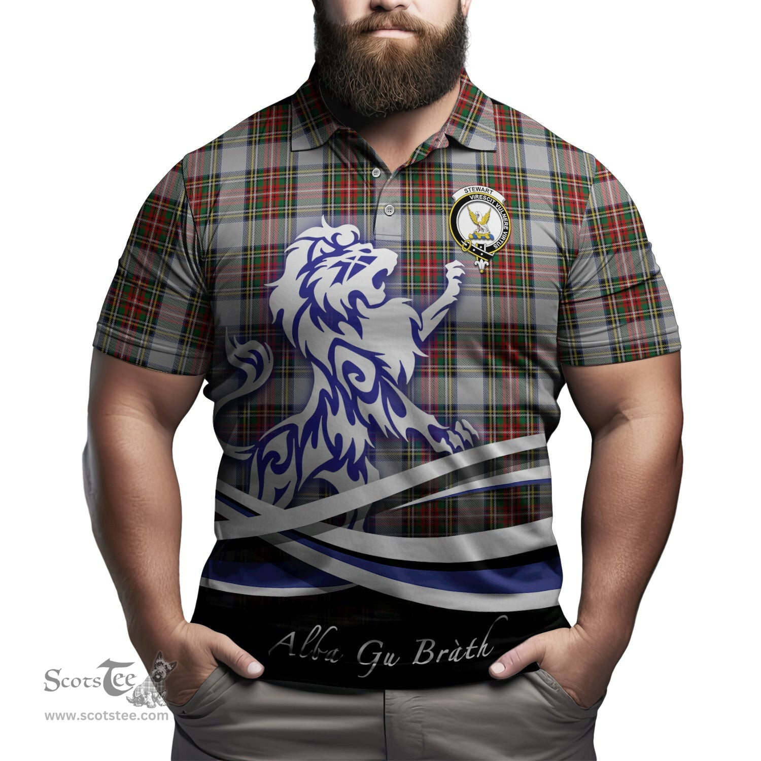 ScotsTee Shop Scottish Stewart Dress Clan Crest Tartan Polo Shirt Alba Gu Brath Regal Lion Emblem